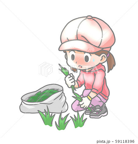 草むしりをする女の子のイラストのイラスト素材