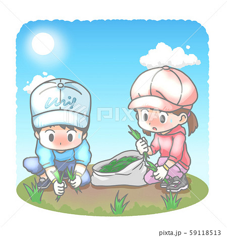 草むしりをする子供のイラストのイラスト素材