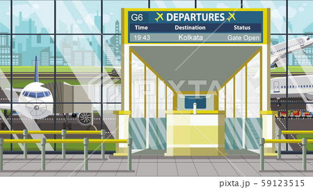 Airport gate. Departure board with Kolkata text. Travel to India related cartoon illustration Airport gate. Departure board with Kolkata text. Travel to India related cartoon illustration 59123515
