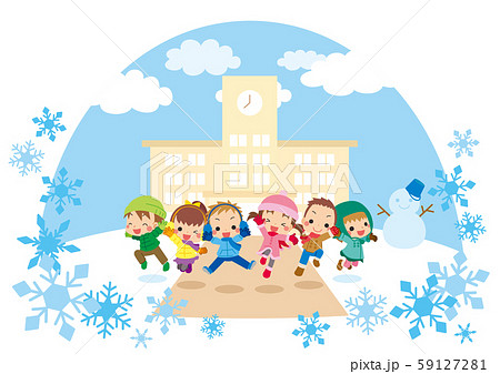 雪が積もった冬の日に学校の前でジャンプする元気な子供たち ドーム型 のイラスト素材