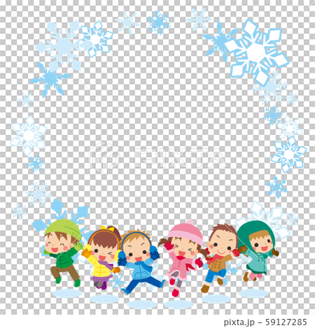 Kids jumping energetically in winter clothes [snow crystals frame] 59127285