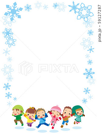 モコモコ冬服でで元気にジャンプする子供たち 雪の結晶フレーム のイラスト素材