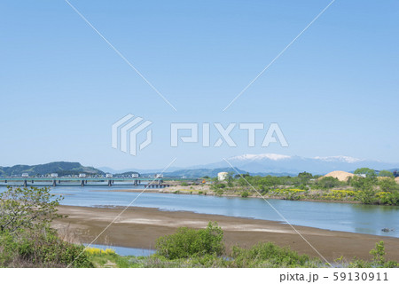 阿武隈川 阿武隈大堰 蔵王連峰 蔵王山 阿武隈川 阿武隈大堰 蔵王連峰 蔵王山 59130911