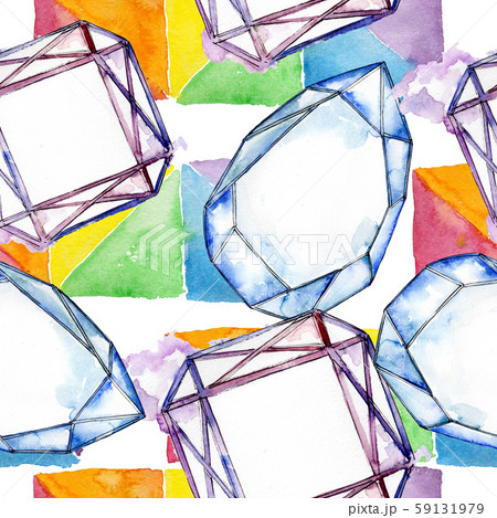 Colorful diamond rock jewelry minerals. Watercolor crystal stone background set. Seamless background Colorful diamond rock jewelry minerals. Watercolor crystal stone background set. Seamless background 59131979