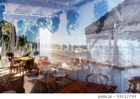 Summer cafe with tables on the sandy beach of the 59132743