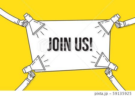 Megaphones with join us banner. Yellow background 59135925