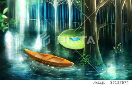 森の中の透き通る湖のイラスト素材