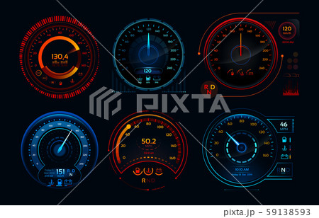 Futuristic car speedometer. Speed hud kilometer performance indicators dashboard, gas and fuel level 59138593