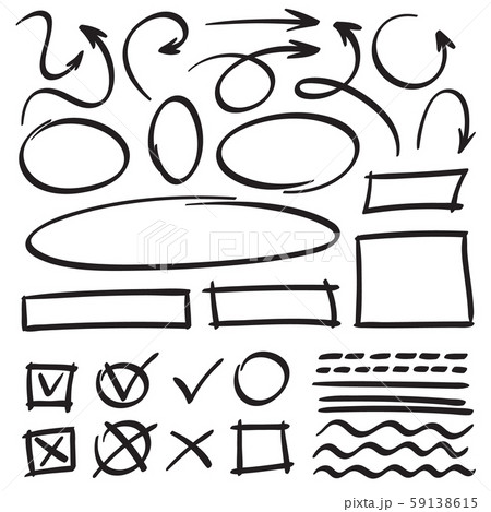 Sketch arrows and frames. Hand drawn circle, oval frame and arrow doodles. Cartoon pointers and 59138615