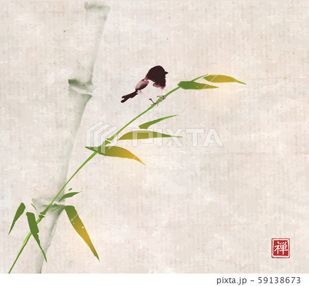 Green bamboo tree and little bird hand drawn with ink in minimalist style on rice paper backgrund Green bamboo tree and little bird hand drawn with ink in minimalist style on rice paper backgrund 59138673