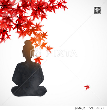 Silhouette of Buddha sitting under the red japanese maple. Traditional oriental ink painting sumi-e 59138677