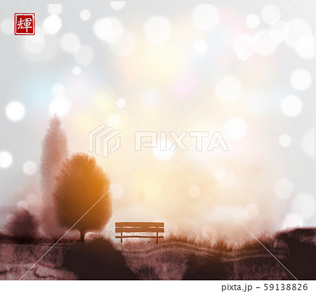 Traditional Japanese ink painting sumi-e on white glowing background. Three trees and a bench on the 59138826