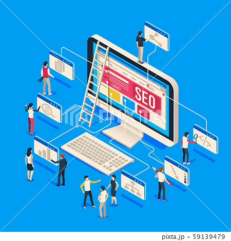 Isometric seo agency. Creative people startup develop team creating together on computer. 3d seo Isometric seo agency. Creative people startup develop team creating together on computer. 3d seo 59139479