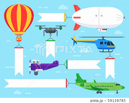 Air vehicles banner. Flying helicopter sign, airplane banner message and vintage zeppelin ad flat 59139785