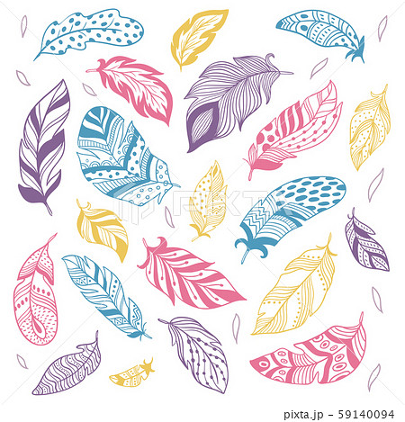 Tribal feathers. Ethnic feather silhouette, birds feathering and hand drawn pen isolated vector 59140094