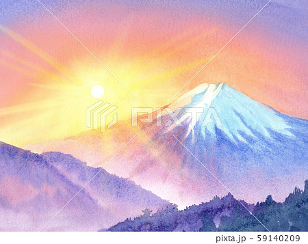富士山 日の出 水彩のイラスト素材