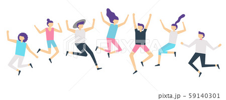 Jumping people. Active adults friends group jump. Happy female and male characters jumped and laugh Jumping people. Active adults friends group jump. Happy female and male characters jumped and laugh 59140301