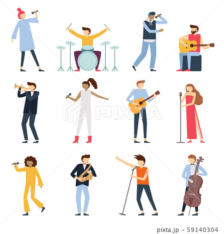Musician artists. Guitar playing artist, young drummer and pop song singer. Musical instruments 59140304