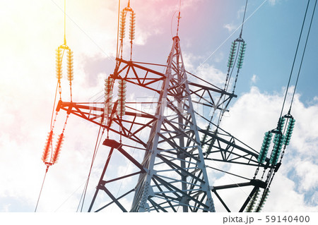 Close-up of power tower with wires in front of sky 59140400