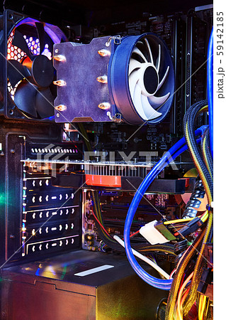 Heatsink with the CPU cooler fan inside pc system unit. Heatsink with the CPU cooler fan inside pc system unit. 59142185