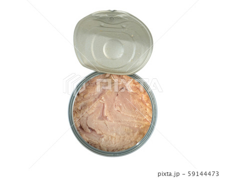 Metallic can with tuna fish isolated on white 59144473