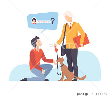 Man takes his dog from a dog handler who asks to leave a review vector illustration 59144569