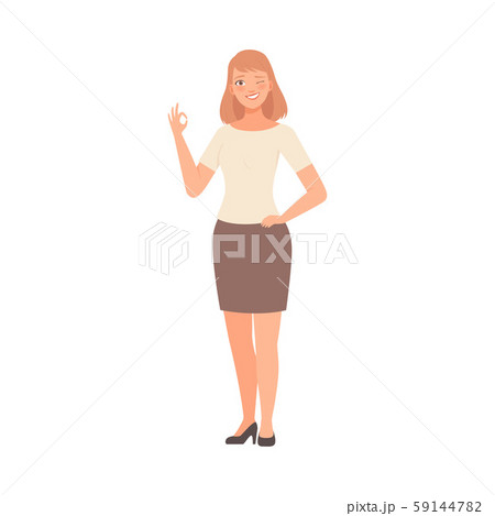 Girl winks and shows OK hand sign vector illustration 59144782