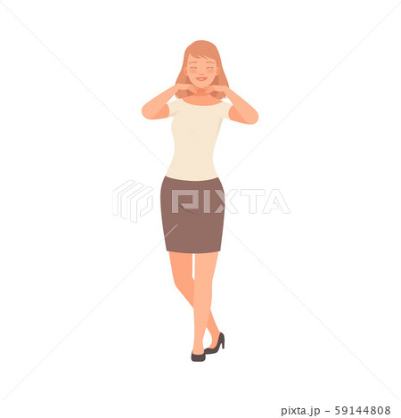 Happy girl holds hands near face cartoon illustration vector Happy girl holds hands near face cartoon illustration vector 59144808
