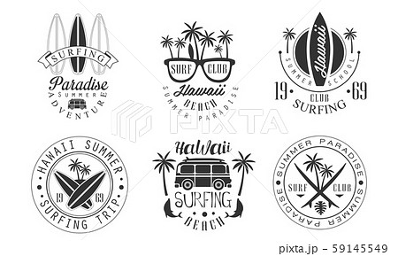 Summer Surf Club Retro Logo Templates Set, Hawaii Surfing Beach Paradise Monochrome Badges Vector Summer Surf Club Retro Logo Templates Set, Hawaii Surfing Beach Paradise Monochrome Badges Vector 59145549