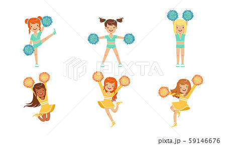 Cute Cheerleader Girls Dancing Set, Smiling Girls Dancers with Pompoms During Sports Competition 59146676