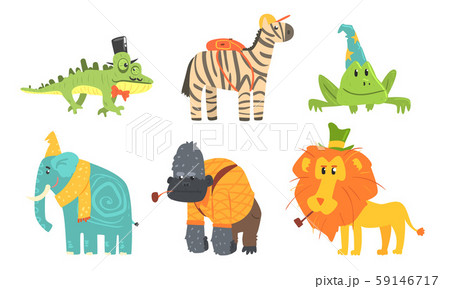 Funny African Animals Cartoon Characters Set, Gorilla, Chameleon, Frog, Elephant, Lion, Zebra Vector 59146717