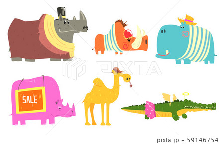 Funny African Animals Cartoon Characters Set, Rhinoceros, Porcupine, Camel, Crocodile, Hippopotamus 59146754