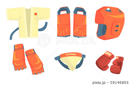 Taekwondo Sports Equipment Set, Head, Boxing Ring, Championship Belt, Gloves, Helmet, Kimono Vector Taekwondo Sports Equipment Set, Head, Boxing Ring, Championship Belt, Gloves, Helmet, Kimono Vector 59146803