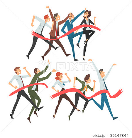 Set of people in office clothes joyfully runs through red tape cartoon vector illustration 59147344