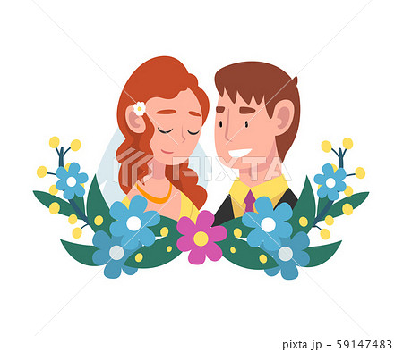 Portrait of bride and groom standing behind a wreath cartoon vector illustration 59147483