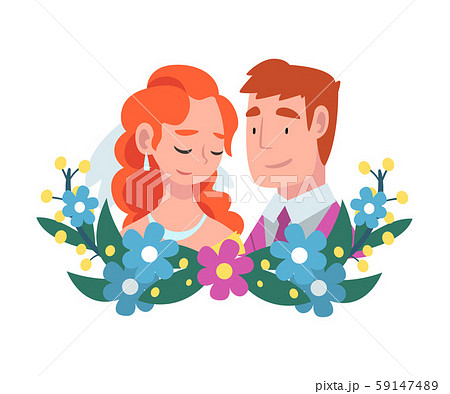 Portrait of bride and groom standing behind a wreath cartoon vector illustration 59147489