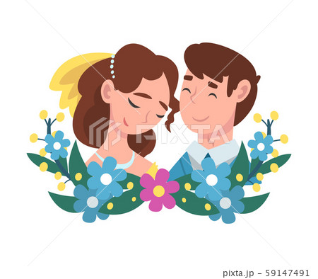 Portrait of bride and groom standing behind a wreath cartoon vector illustration 59147491