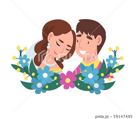 Portrait of bride and groom standing behind a wreath cartoon vector illustration Portrait of bride and groom standing behind a wreath cartoon vector illustration 59147495
