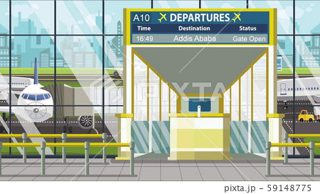 Airport terminal. Departure board above the gate with Addis ababa text. Travel to Ethiopia cartoon Airport terminal. Departure board above the gate with Addis ababa text. Travel to Ethiopia cartoon 59148775