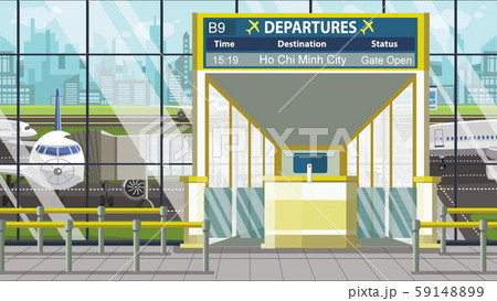 Flight to Ho chi minh city on airport departure board. Trip to Vietnam cartoon illustration 59148899