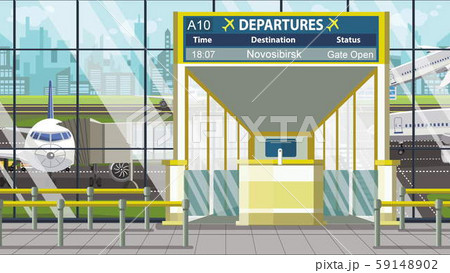 Flight to Novosibirsk on airport departure board. Trip to Russia cartoon illustration Flight to Novosibirsk on airport departure board. Trip to Russia cartoon illustration 59148902