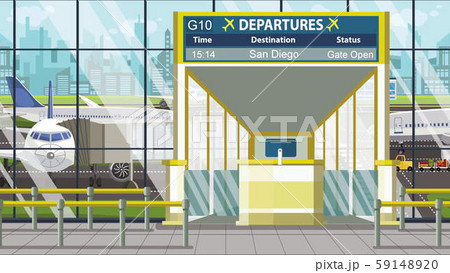 Airport terminal. Departure board above the gate with San Diego text. Travel to the United States Airport terminal. Departure board above the gate with San Diego text. Travel to the United States 59148920
