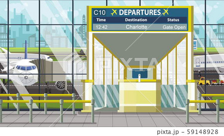 Flight to Charlotte on airport departure board. Trip to the United States cartoon illustration 59148928