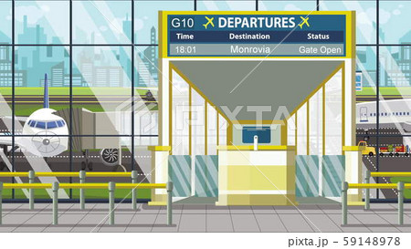 Airport departure board with Monrovia caption. Travel in Liberia related cartoon illustration Airport departure board with Monrovia caption. Travel in Liberia related cartoon illustration 59148978