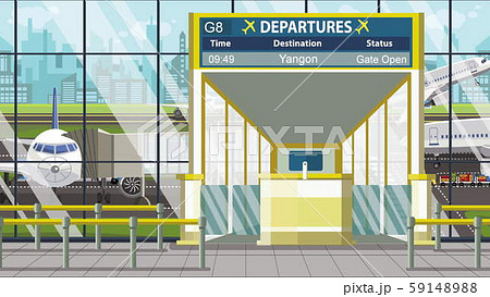 Airport terminal. Departure board above the gate with Yangon text. Travel to Myanmar cartoon Airport terminal. Departure board above the gate with Yangon text. Travel to Myanmar cartoon 59148988