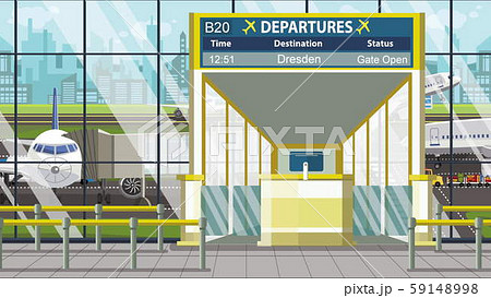 Flight to Dresden on airport departure board. Trip to Germany cartoon illustration 59148998