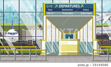 Airport terminal. Departure board above the gate with Fukuoka text. Travel to Japan cartoon Airport terminal. Departure board above the gate with Fukuoka text. Travel to Japan cartoon 59149086