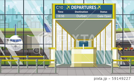 Airport terminal. Departure board above the gate with Durban text. Travel to South africa cartoon Airport terminal. Departure board above the gate with Durban text. Travel to South africa cartoon 59149227
