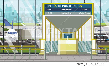 Departure board in the airport terminal with Quanzhou caption. Travel to China cartoon illustration Departure board in the airport terminal with Quanzhou caption. Travel to China cartoon illustration 59149228