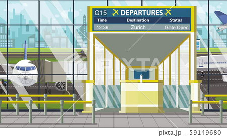 Flight to Zurich on airport departure board. Trip to Switzerland cartoon illustration Flight to Zurich on airport departure board. Trip to Switzerland cartoon illustration 59149680